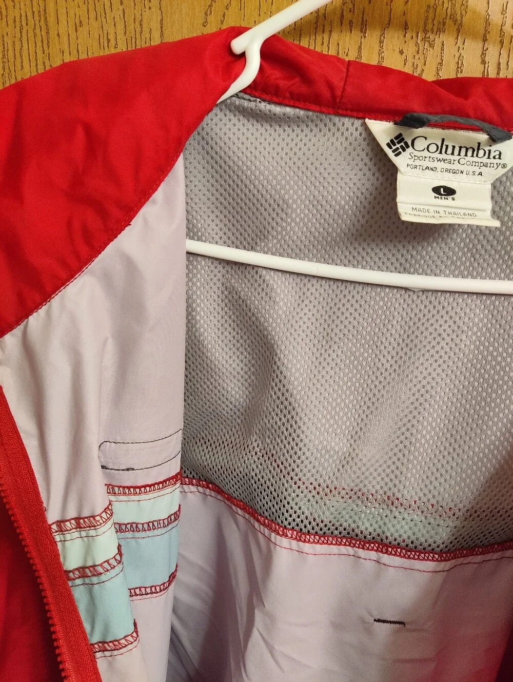 Columbia Red Hooded Windbreaker with Navy and Gray Stripes